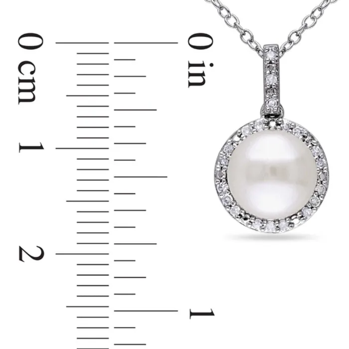 80 85mm Button Cultured Freshwater Pearl and 01 CT TW Natural Diamond Frame Pendant in Sterling Silver Goldia Necklaces 80 85mm Button Cultured Freshwater Pearl and 01 CT TW Natural Diamond Frame Pendant in Sterling Silver Goldia Necklaces