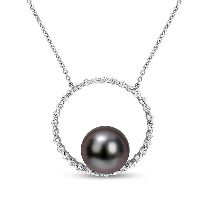 95100mm Black Cultured Tahitian Pearl and White Sapphire Circle Necklace in 10K White Gold Goldia Necklaces