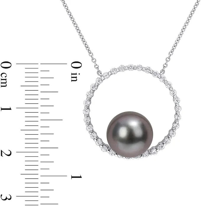 95100mm Black Cultured Tahitian Pearl and White Sapphire Circle Necklace in 10K White Gold Goldia Necklaces 95100mm Black Cultured Tahitian Pearl and White Sapphire Circle Necklace in 10K White Gold Goldia Necklaces