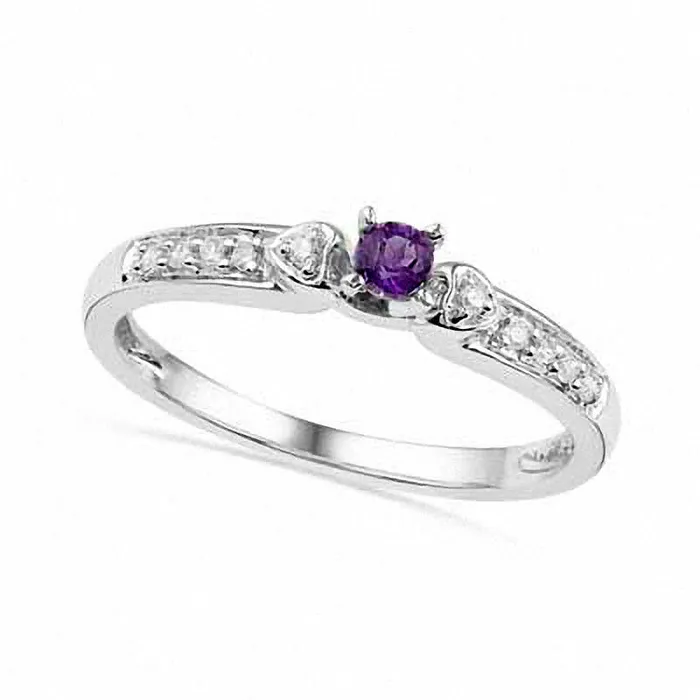 Amethyst and Natural Diamond Accent Heart Sides Promise Ring in Solid 10K White Gold Goldia Rings