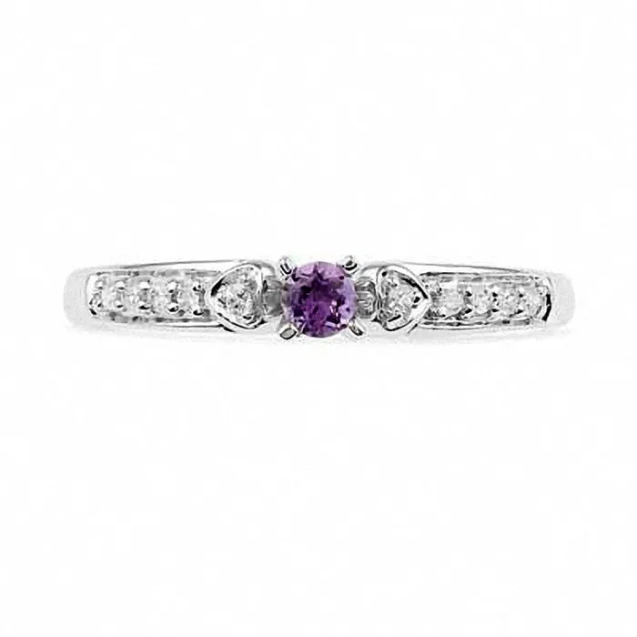Amethyst and Natural Diamond Accent Heart Sides Promise Ring in Solid 10K White Gold Goldia Rings Amethyst and Natural Diamond Accent Heart Sides Promise Ring in Solid 10K White Gold Goldia Rings