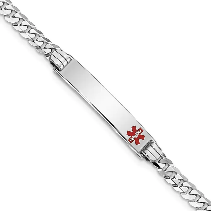 Bracelets MDS Solid 14K White Gold Medical Red Enamel Flat Curb Link ID Bracelet Bracelets MDS Solid 14K White Gold Medical Red Enamel Flat Curb Link ID Bracelet