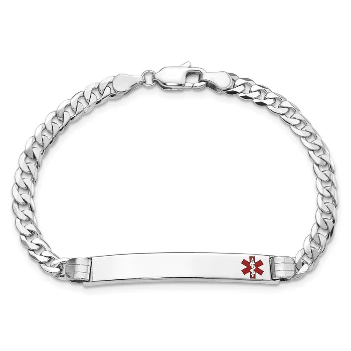Bracelets MDS Solid 14K White Gold Medical Red Enamel Flat Curb Link ID Bracelet Bracelets MDS Solid 14K White Gold Medical Red Enamel Flat Curb Link ID Bracelet