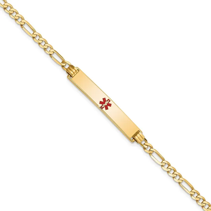 Bracelets MDS Solid 14K Yellow Gold Medical Red Enamel Flat Figaro Link ID Bracelet Bracelets MDS Solid 14K Yellow Gold Medical Red Enamel Flat Figaro Link ID Bracelet