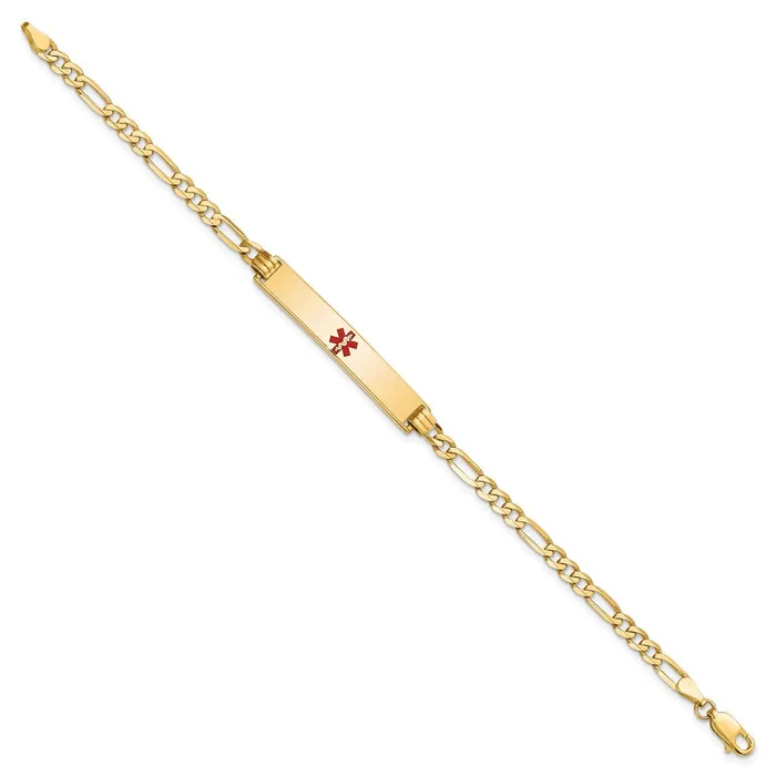 Bracelets MDS Solid 14K Yellow Gold Medical Red Enamel Flat Figaro Link ID Bracelet Bracelets MDS Solid 14K Yellow Gold Medical Red Enamel Flat Figaro Link ID Bracelet