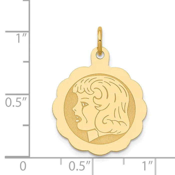 Charm Necklaces Goldia 14k Yellow Gold Girl Head on 013 Gauge Engravable Scalloped Disc Charm