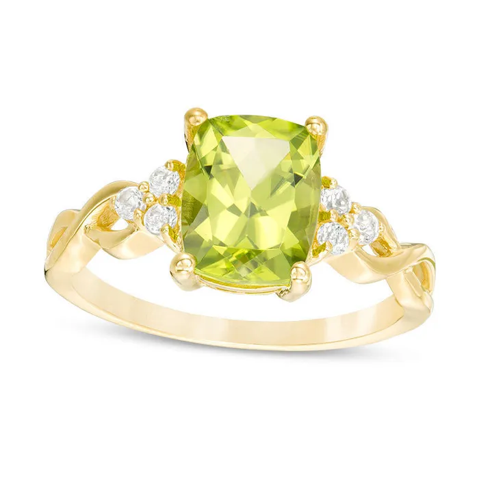 CushionCut Peridot and White Topaz TriSides Twist Ring in Solid 10K Yellow Gold Goldia Rings CushionCut Peridot and White Topaz TriSides Twist Ring in Solid 10K Yellow Gold Goldia Rings