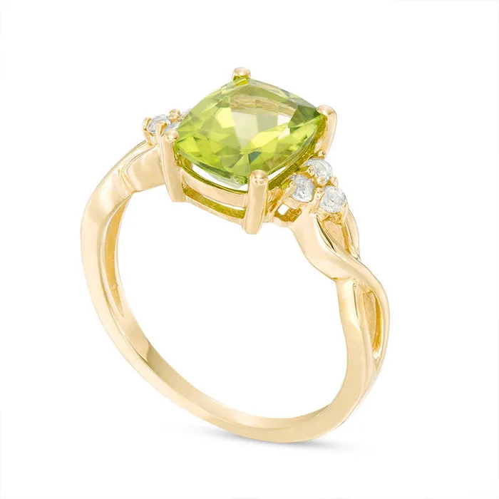 CushionCut Peridot and White Topaz TriSides Twist Ring in Solid 10K Yellow Gold Goldia Rings CushionCut Peridot and White Topaz TriSides Twist Ring in Solid 10K Yellow Gold Goldia Rings