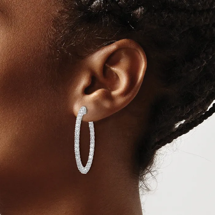 Earrings 14k White Gold Diamond Oval Hoop wSafety Clasp Earrings Goldia