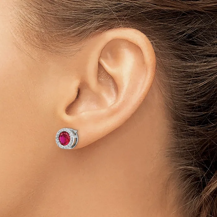 Earrings Cheryl M Sterling Silver Rhodiumplated Brilliantcut Lab Created Ruby and Brilliantcut White CZ Round Halo Post Earrings Goldia