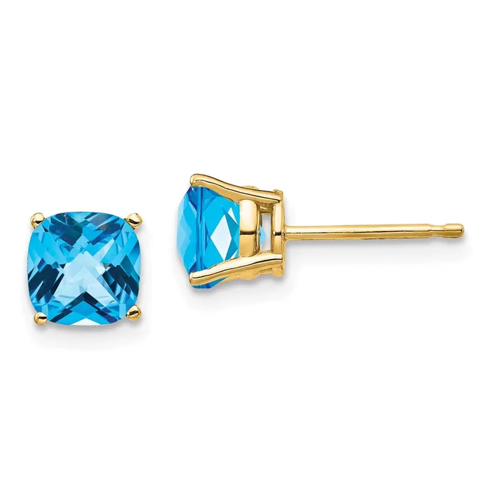 Earrings Goldia 14k Yellow Gold 6x6mm Cushion Blue Topaz Checker Earrings
