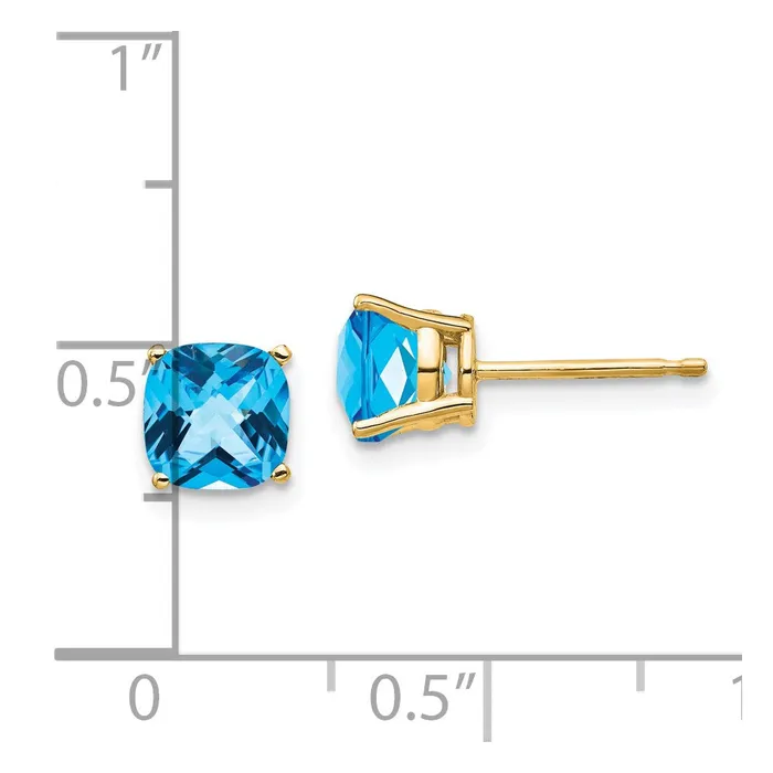 Earrings Goldia 14k Yellow Gold 6x6mm Cushion Blue Topaz Checker Earrings