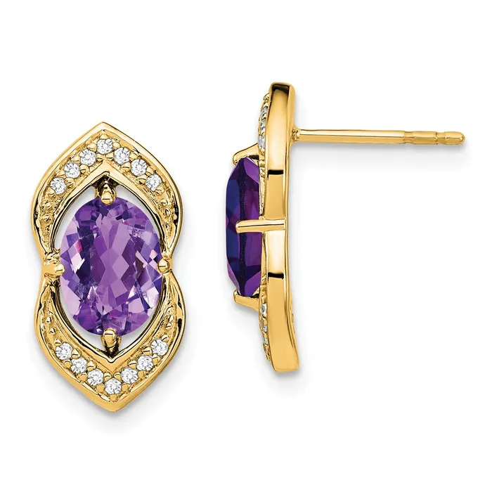 Earrings Goldia 14k Yellow Gold Amethyst and Real Diamond Post Earrings