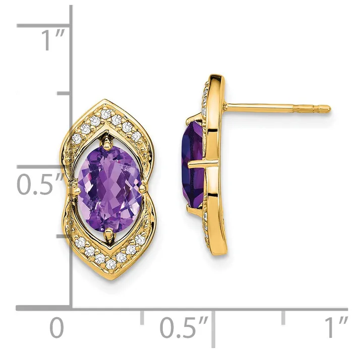 Earrings Goldia 14k Yellow Gold Amethyst and Real Diamond Post Earrings
