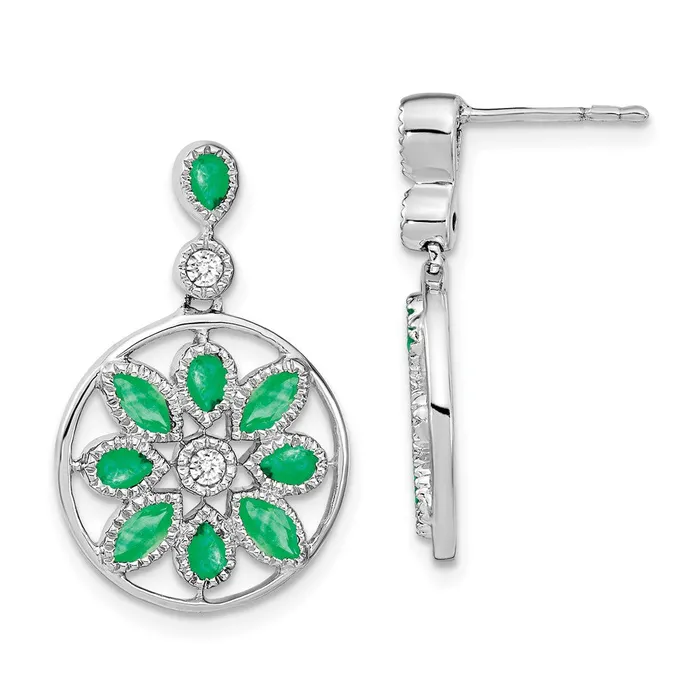 Earrings Solid 14k White Gold Simulated Emerald and CZ Floral Dangle Earrings Goldia Earrings Solid 14k White Gold Simulated Emerald and CZ Floral Dangle Earrings Goldia