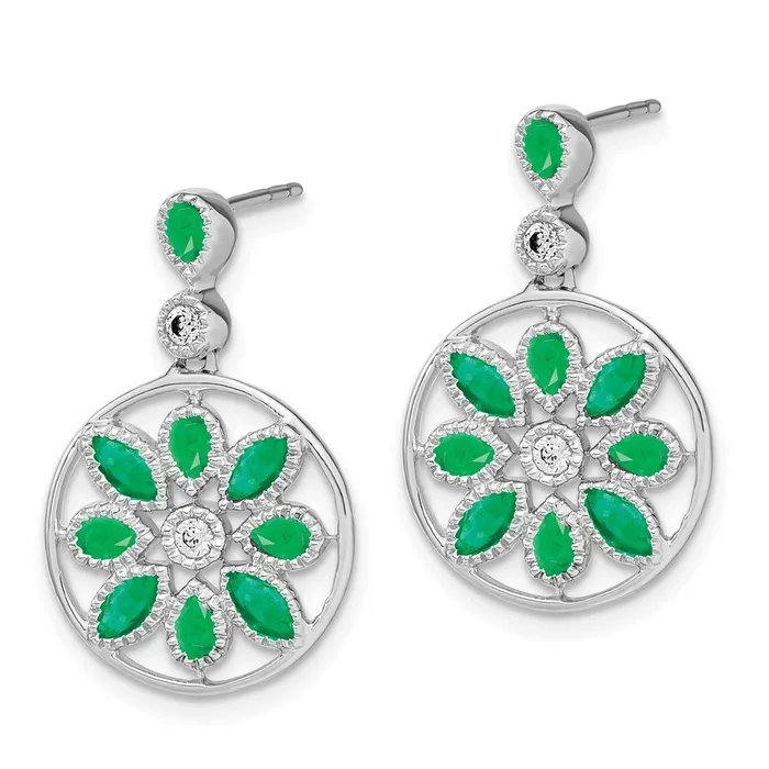 Earrings Solid 14k White Gold Simulated Emerald and CZ Floral Dangle Earrings Goldia