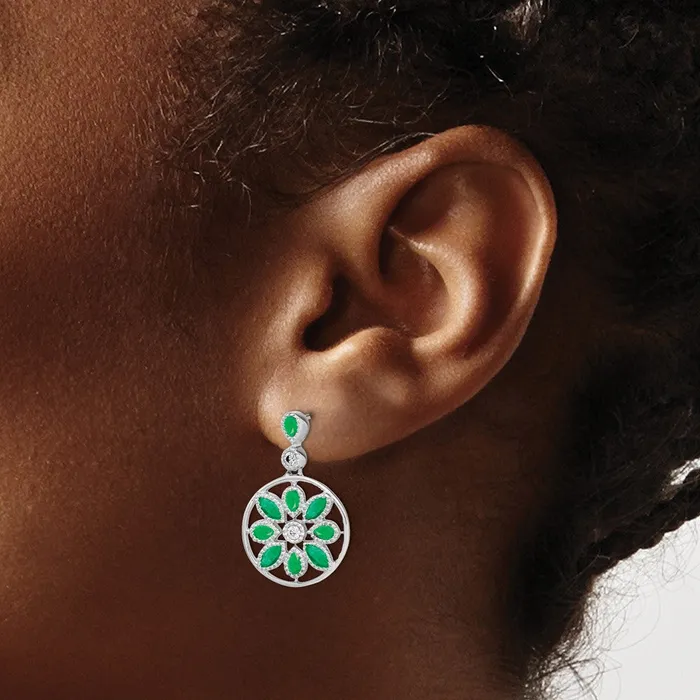 Earrings Solid 14k White Gold Simulated Emerald and CZ Floral Dangle Earrings Goldia