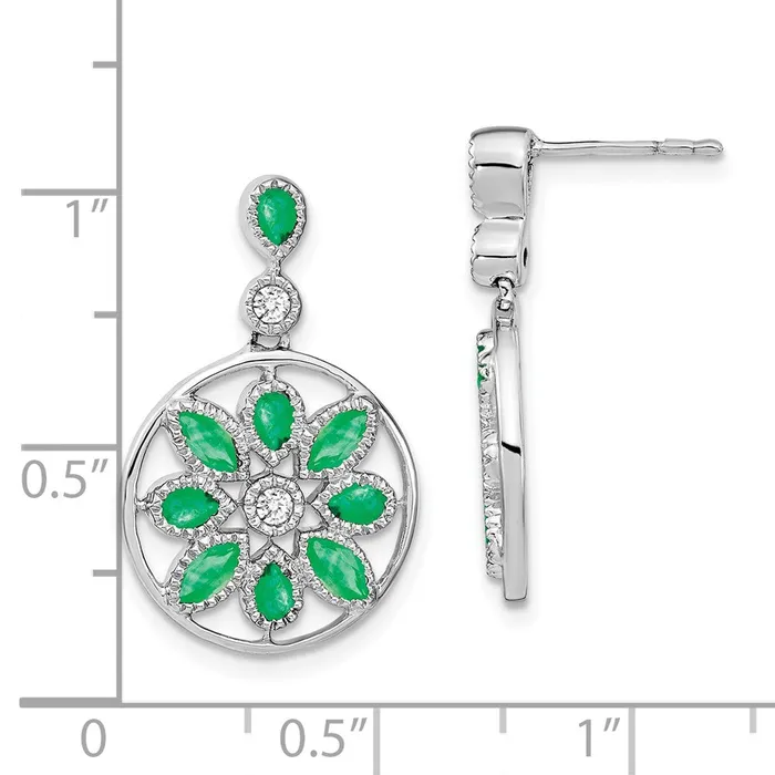 Earrings Solid 14k White Gold Simulated Emerald and CZ Floral Dangle Earrings Goldia