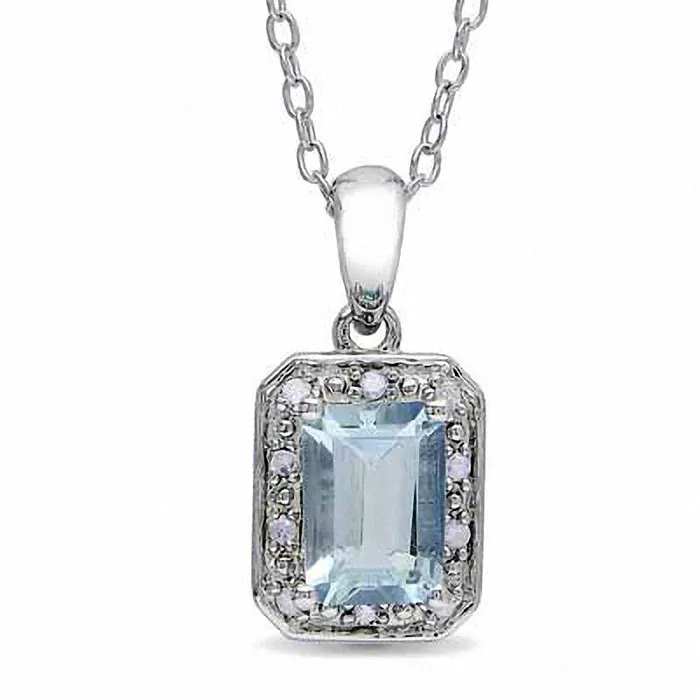 EmeraldCut Aquamarine and Natural Diamond Accent Pendant in Sterling Silver Goldia Necklaces EmeraldCut Aquamarine and Natural Diamond Accent Pendant in Sterling Silver Goldia Necklaces