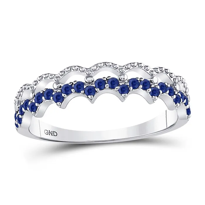 gndatlanta Rings 14k White Gold Round Blue Sapphire Scalloped Stackable Band Ring 14 Cttw gndatlanta Rings 14k White Gold Round Blue Sapphire Scalloped Stackable Band Ring 14 Cttw