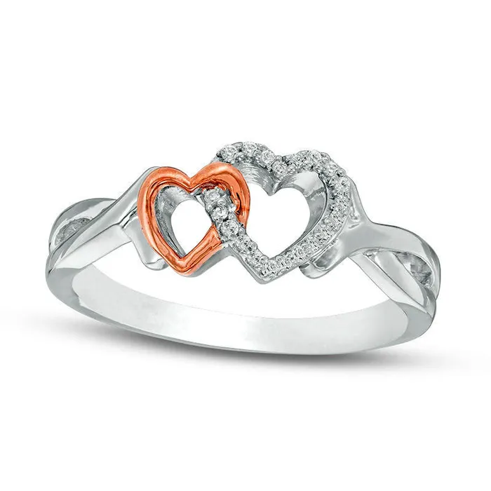 Goldia 005 CT TW Natural Diamond Interlocking Double Heart Ring in Sterling Silver and Solid 10K Rose Gold Rings Goldia 005 CT TW Natural Diamond Interlocking Double Heart Ring in Sterling Silver and Solid 10K Rose Gold Rings