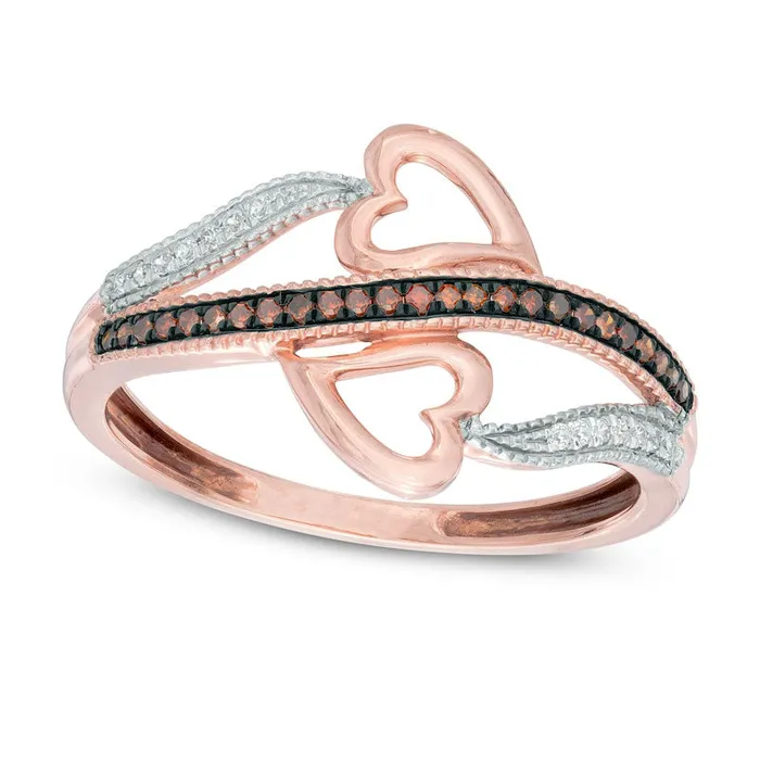 Goldia 010 CT TW Enhanced Cognac and White Natural Diamond Double Heart Bypass Ring in Solid 10K Rose Gold Rings Goldia 010 CT TW Enhanced Cognac and White Natural Diamond Double Heart Bypass Ring in Solid 10K Rose Gold Rings