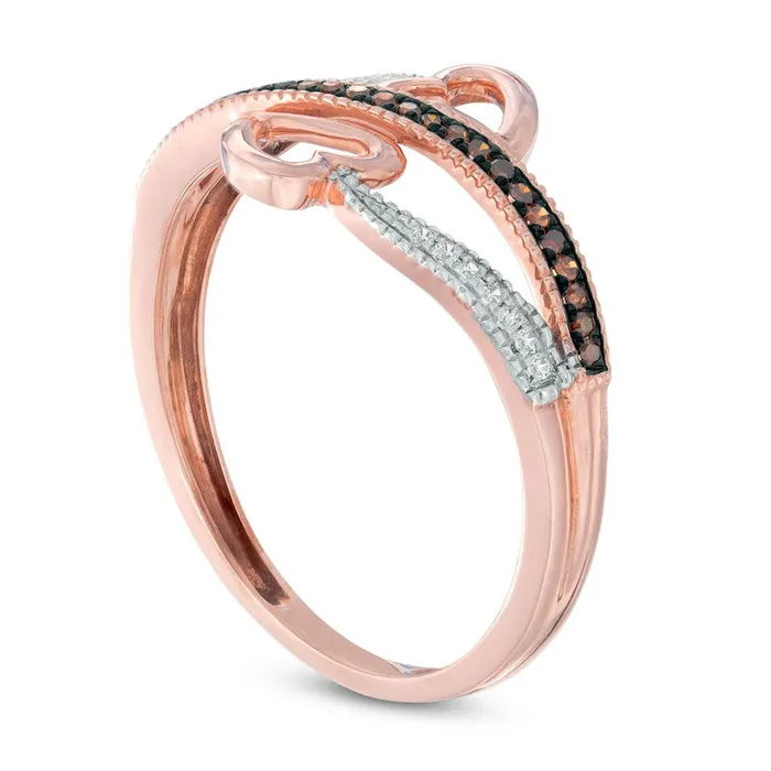 Goldia 010 CT TW Enhanced Cognac and White Natural Diamond Double Heart Bypass Ring in Solid 10K Rose Gold Rings Goldia 010 CT TW Enhanced Cognac and White Natural Diamond Double Heart Bypass Ring in Solid 10K Rose Gold Rings