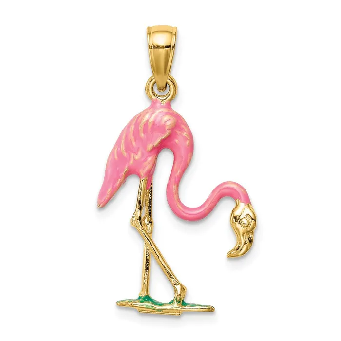 Goldia 14k Yellow Gold Enameled 3D Pink Flamingo Pendant Necklaces