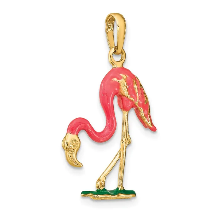 Goldia 14k Yellow Gold Enameled 3D Pink Flamingo Pendant Necklaces