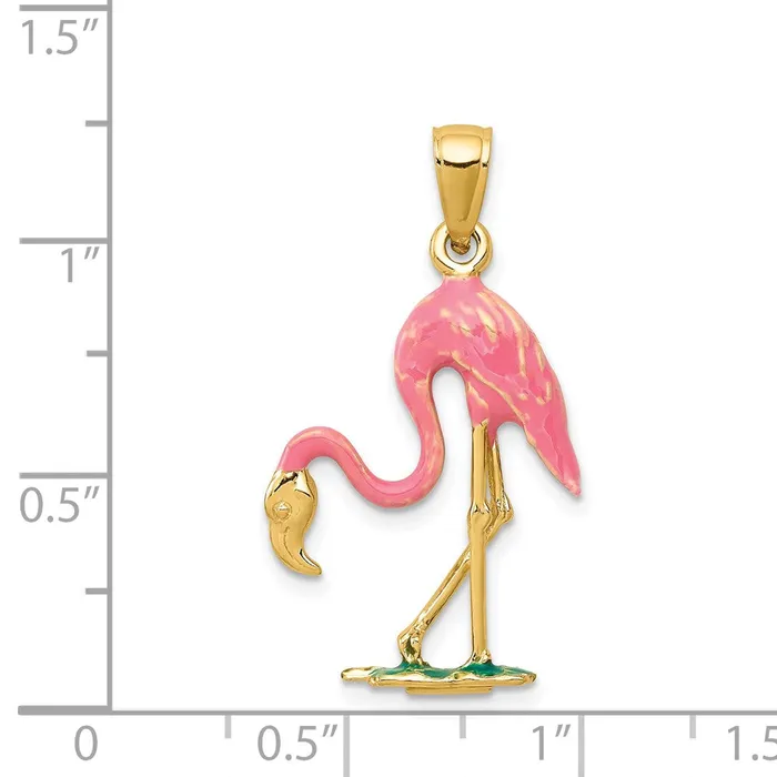 Goldia 14k Yellow Gold Enameled 3D Pink Flamingo Pendant Necklaces