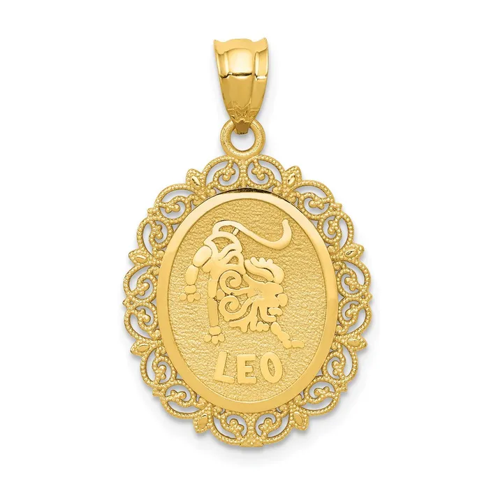 Goldia 14k Yellow Gold Solid Satin Polished Leo Zodiac Oval Pendant Necklaces