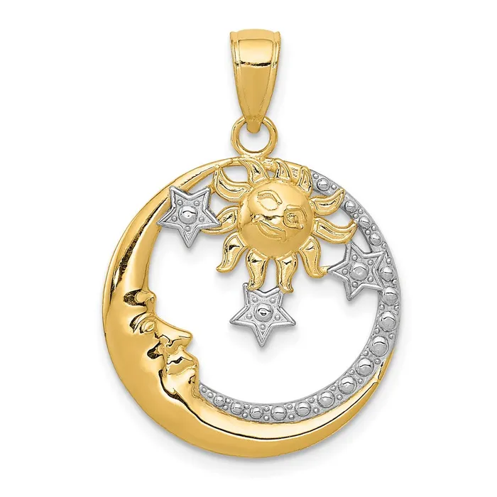 Goldia 14k Yellow Rhodium Gold and Rhodium DC Moon Stars and Sun Pendant Necklaces Goldia 14k Yellow Rhodium Gold and Rhodium DC Moon Stars and Sun Pendant Necklaces