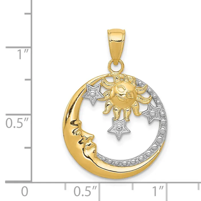 Goldia 14k Yellow Rhodium Gold and Rhodium DC Moon Stars and Sun Pendant Necklaces