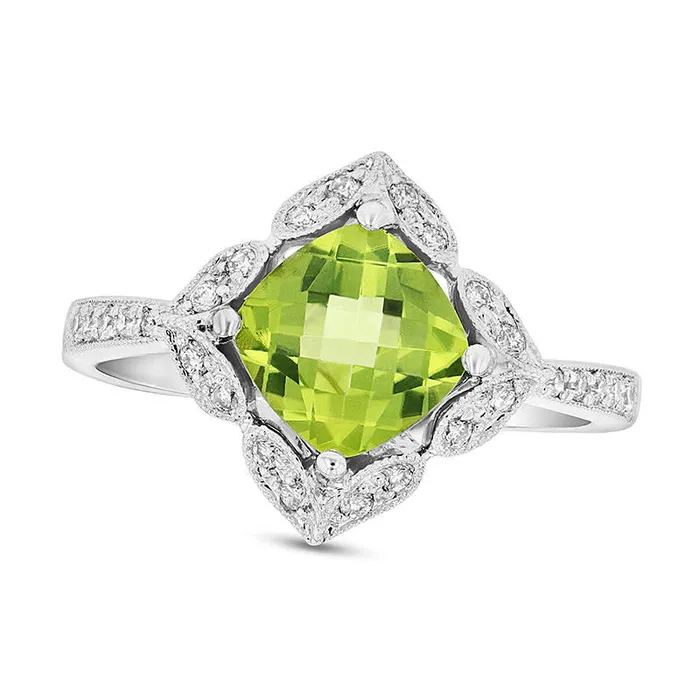 Goldia 70mm CushionCut Peridot and 020 CT TW Natural Diamond Ornate Frame Antique VintageStyle Engagement Ring in Solid 14K White Gold Rings Goldia 70mm CushionCut Peridot and 020 CT TW Natural Diamond Ornate Frame Antique VintageStyle Engagement Ring in Solid 14K White Gold Rings