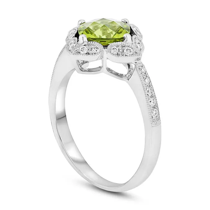 Goldia 70mm CushionCut Peridot and 020 CT TW Natural Diamond Ornate Frame Antique VintageStyle Engagement Ring in Solid 14K White Gold Rings Goldia 70mm CushionCut Peridot and 020 CT TW Natural Diamond Ornate Frame Antique VintageStyle Engagement Ring in Solid 14K White Gold Rings