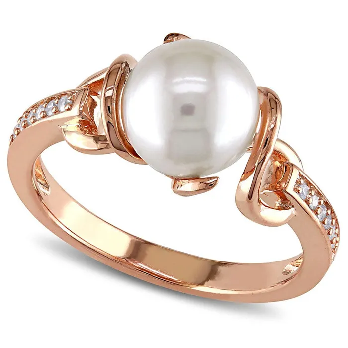 Goldia 80 85mm Cultured Freshwater Pearl and 005 CT TW Natural Diamond Ring in Rose Rhodium Sterling Silver Rings Goldia 80 85mm Cultured Freshwater Pearl and 005 CT TW Natural Diamond Ring in Rose Rhodium Sterling Silver Rings