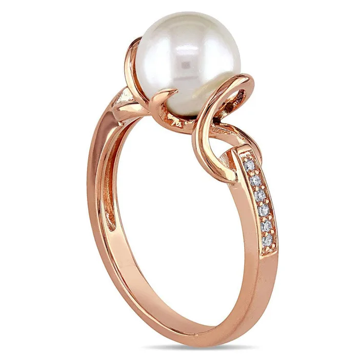 Goldia 80 85mm Cultured Freshwater Pearl and 005 CT TW Natural Diamond Ring in Rose Rhodium Sterling Silver Rings Goldia 80 85mm Cultured Freshwater Pearl and 005 CT TW Natural Diamond Ring in Rose Rhodium Sterling Silver Rings