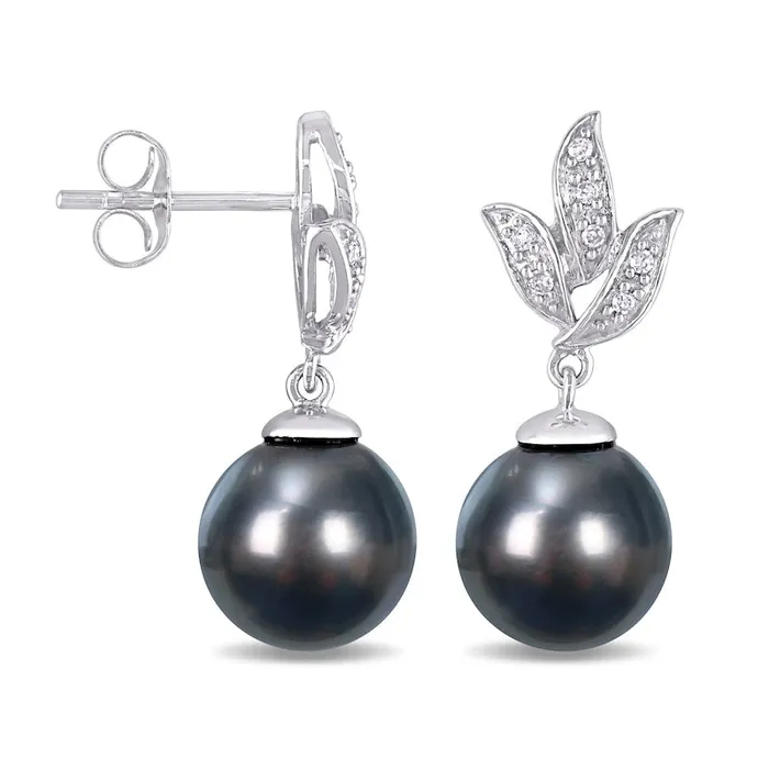 Goldia 9095mm Black Cultured Tahitian Pearl and 007 CT TW Diamond Leaf Drop Earrings in 10K White Gold Earrings Goldia 9095mm Black Cultured Tahitian Pearl and 007 CT TW Diamond Leaf Drop Earrings in 10K White Gold Earrings