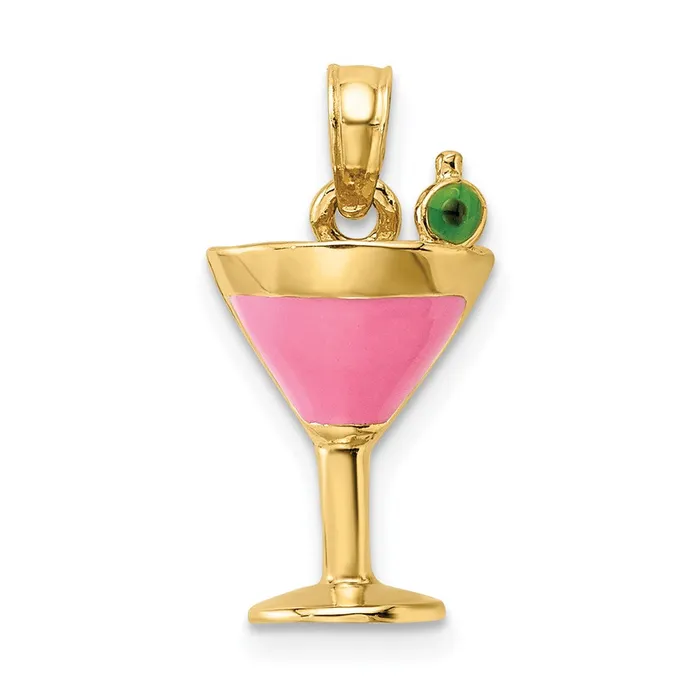 Goldia Charm Necklaces 14k Yellow Gold Pink Enameled Cosmo Martini wOlive Charm Goldia Charm Necklaces 14k Yellow Gold Pink Enameled Cosmo Martini wOlive Charm