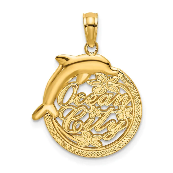 Goldia Charm Necklaces 14k Yellow Gold Polished OCEAN CITY w Dolphin Charm