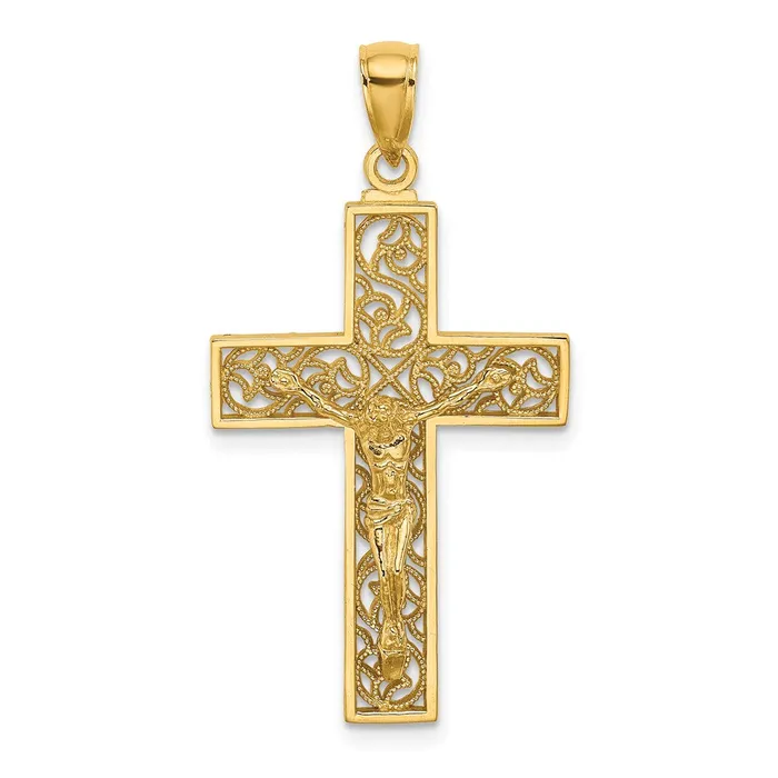 Goldia Charm Necklaces 14k Yellow Gold Textured Swirl Design Crucifix Charm
