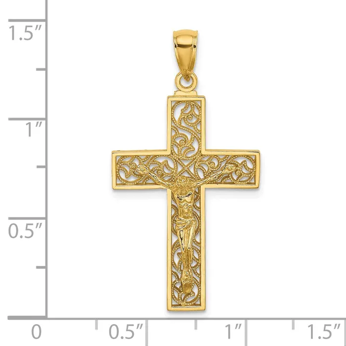 Goldia Charm Necklaces 14k Yellow Gold Textured Swirl Design Crucifix Charm