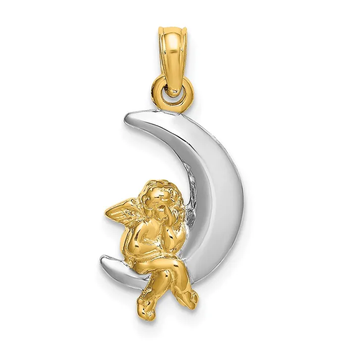 Goldia Charm Necklaces 14k Yellow Rhodium Gold wRhodium 3D Angel on Moon Charm