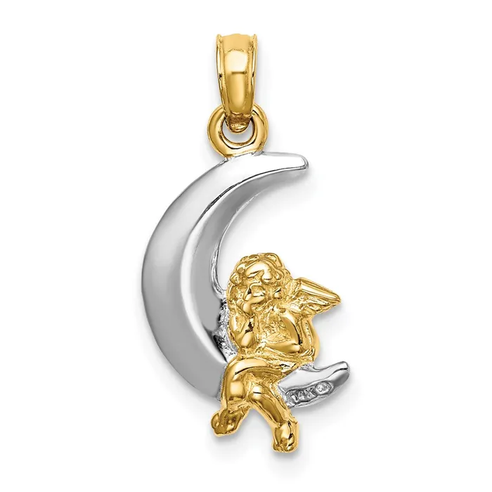 Goldia Charm Necklaces 14k Yellow Rhodium Gold wRhodium 3D Angel on Moon Charm