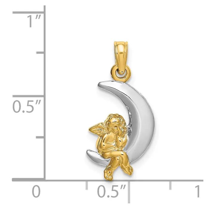 Goldia Charm Necklaces 14k Yellow Rhodium Gold wRhodium 3D Angel on Moon Charm
