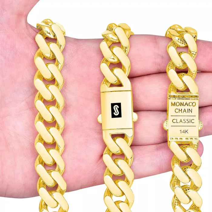 Goldiacom Bracelets 14k Yellow Gold Royal Monaco Miami Cuban Link 13mm Chain Bracelet w Box Clasp 9