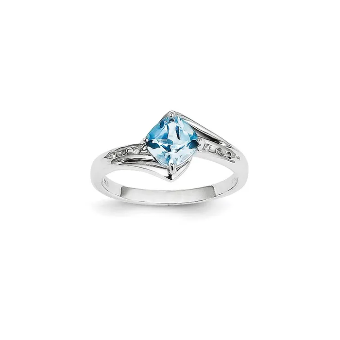 Goldiacom Rings 14k White Gold Real Diamond and Blue Topaz Square Ring