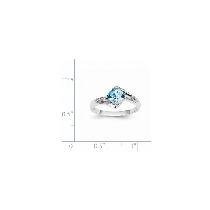 Goldiacom Rings 14k White Gold Real Diamond and Blue Topaz Square Ring