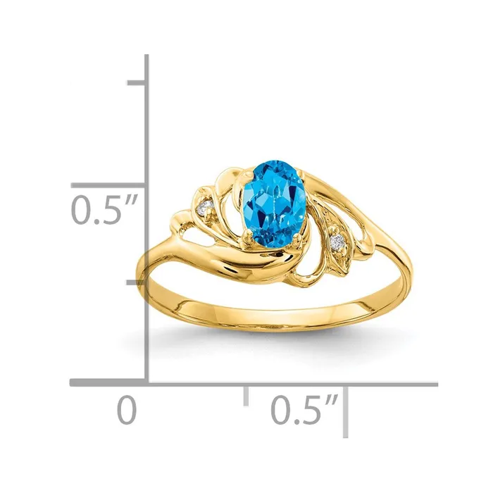 Goldiacom Rings 14K Yellow Gold 6x4mm Oval Blue Topaz Checker AAA Real Diamond ring