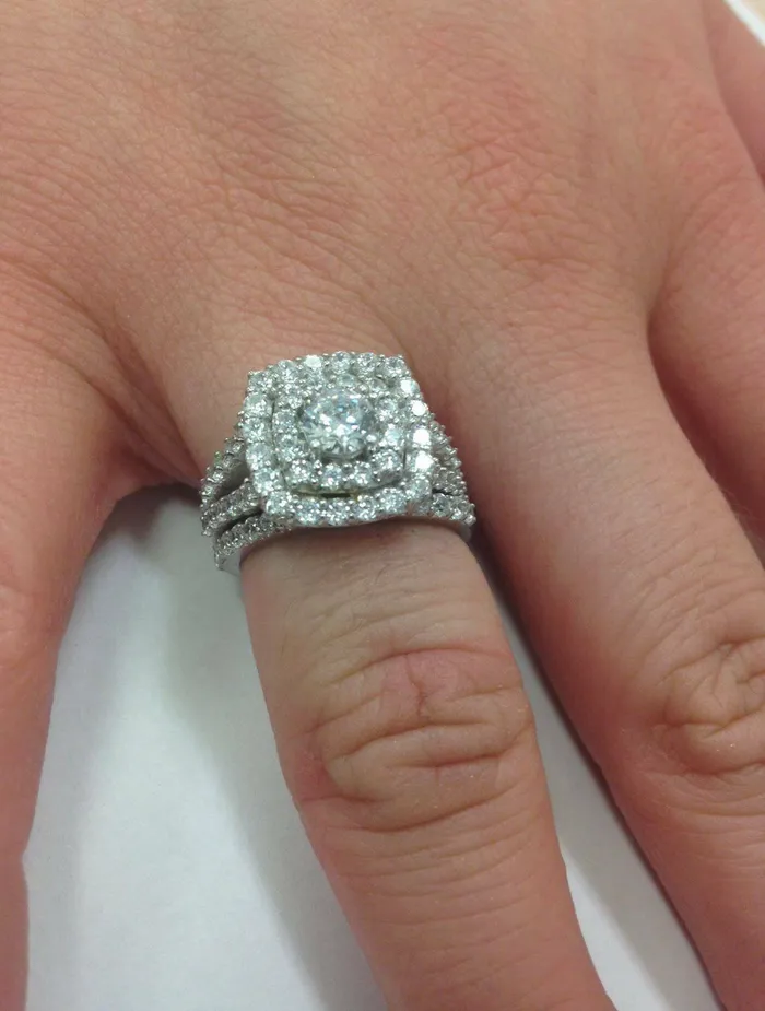 Goldiacom Rings CERTIFIED 2 Carat Diamond Cushion Halo Engagement Wedding Ring Set White Gold